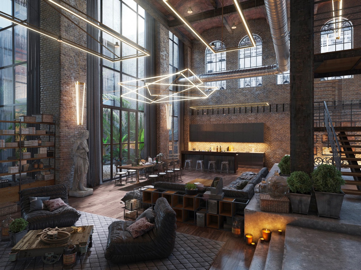 Loft Living Room Design With Modern Industrial Style - RooHome