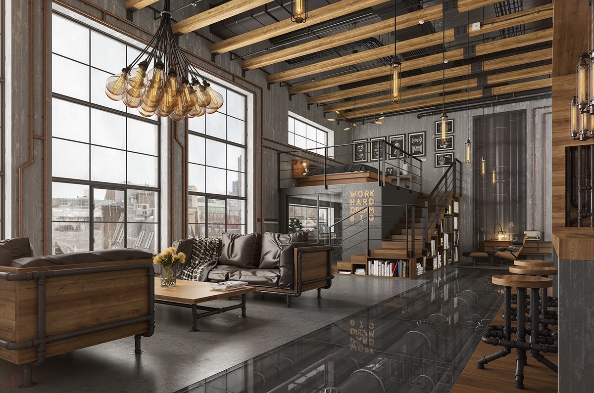 Loft Living Room Design With Modern Industrial Style Roohome