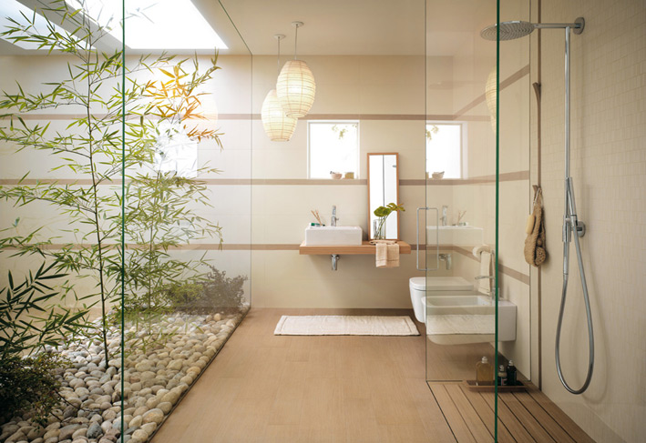 white bathroom with natural decor