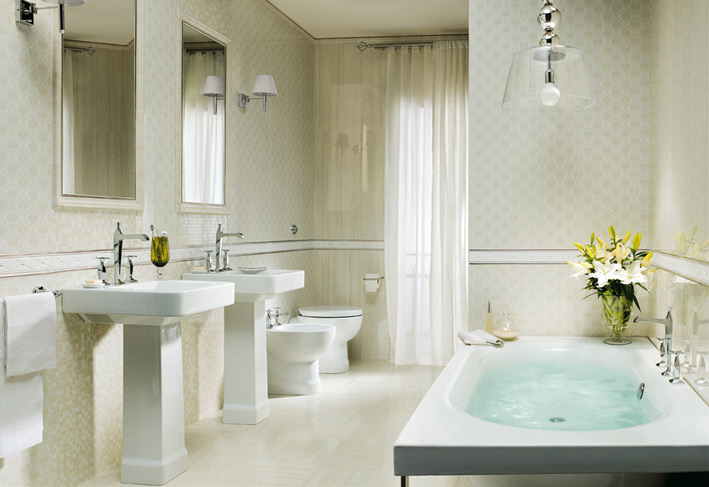 Traditional white tile bathroom design