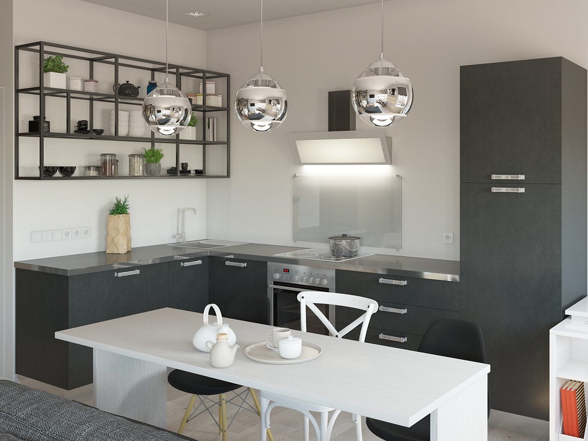 gray and white simple small kitchen
