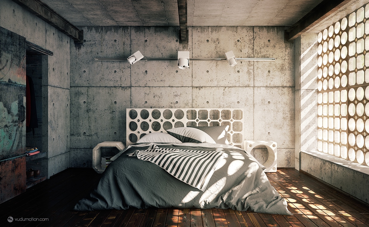 modern bedroom design with concrete decor