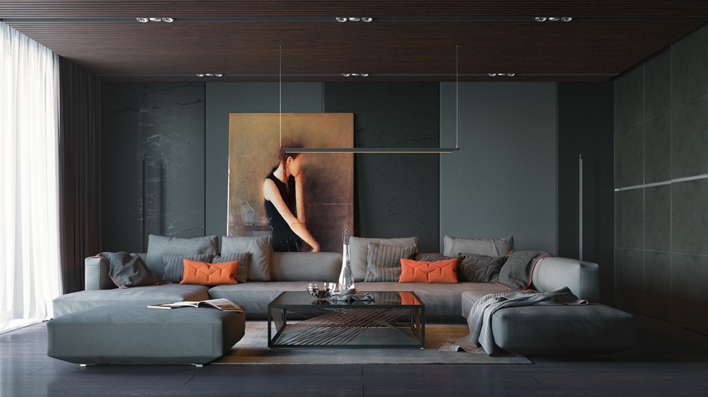 orange and black artwork living room