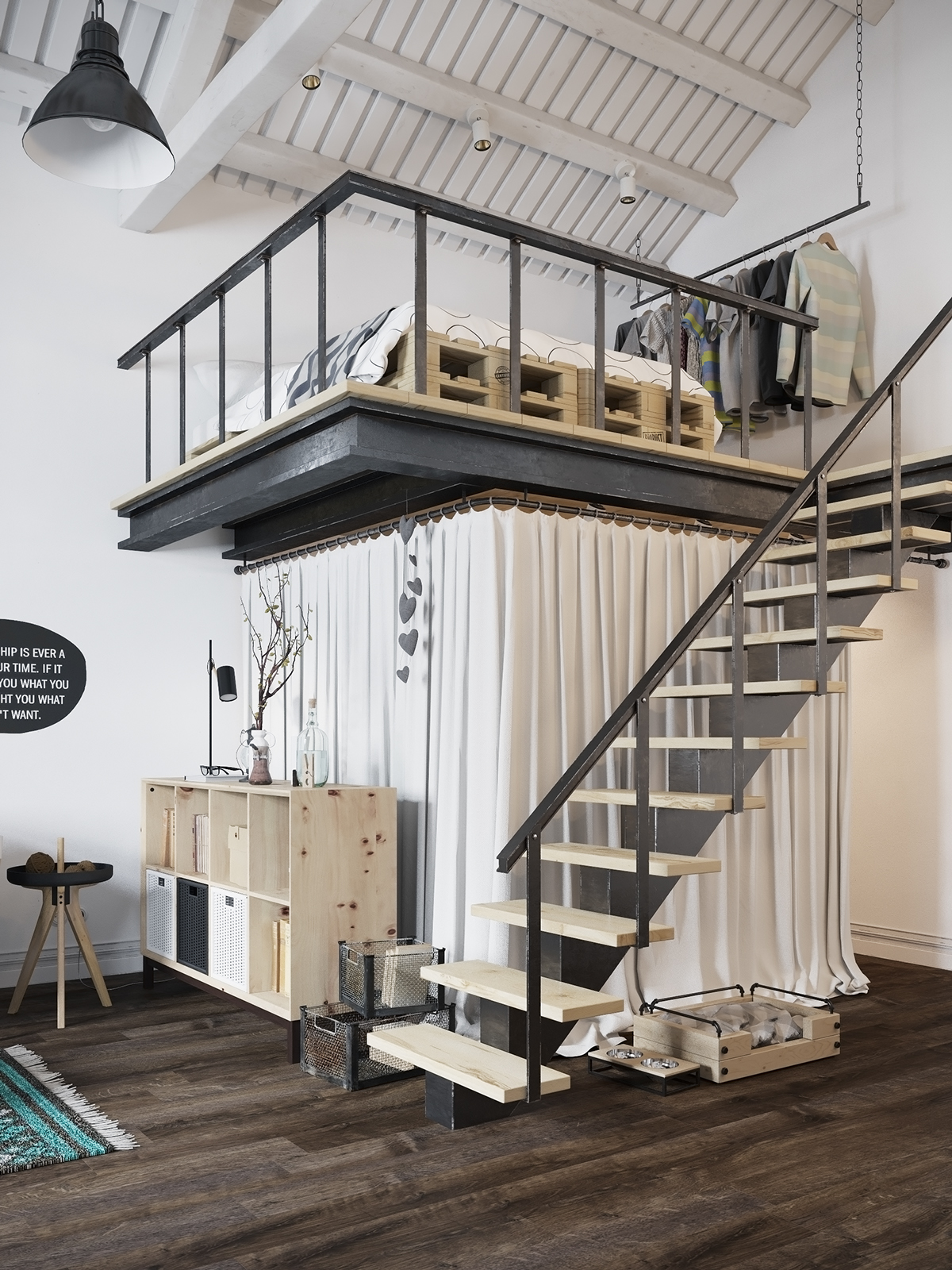 Chic Scandinavian Studio Apartment Design Arranged With Loft Bed That