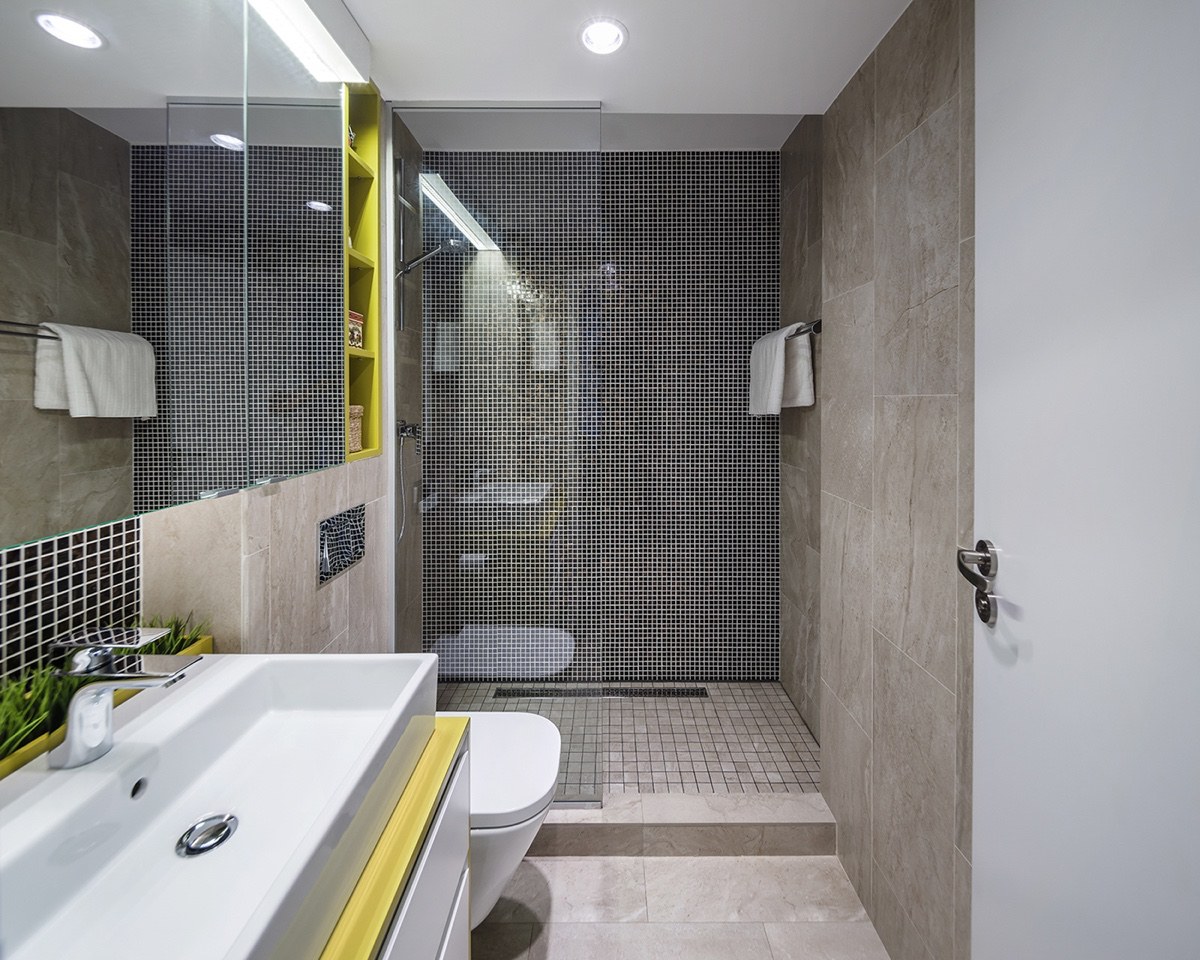 gray and yellow bathroom design