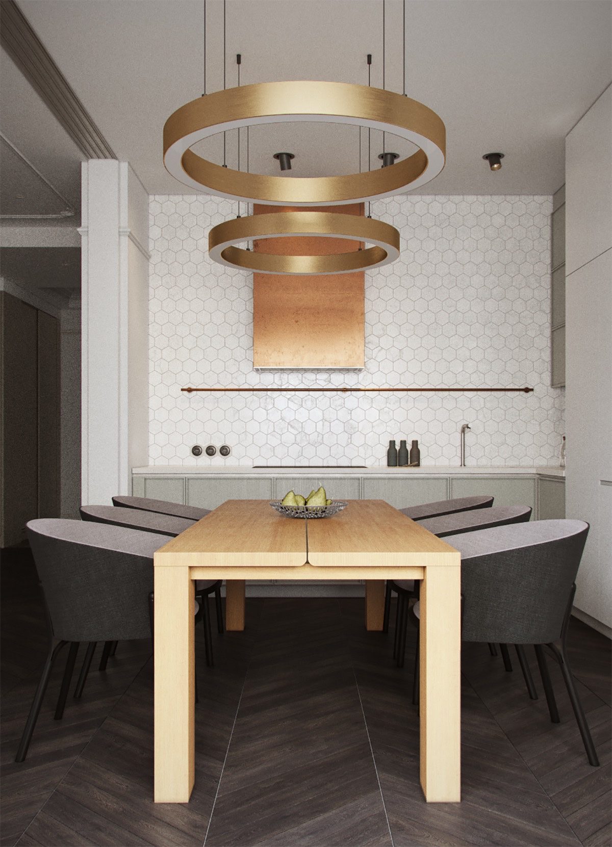 minimalist dining room with ring lighting