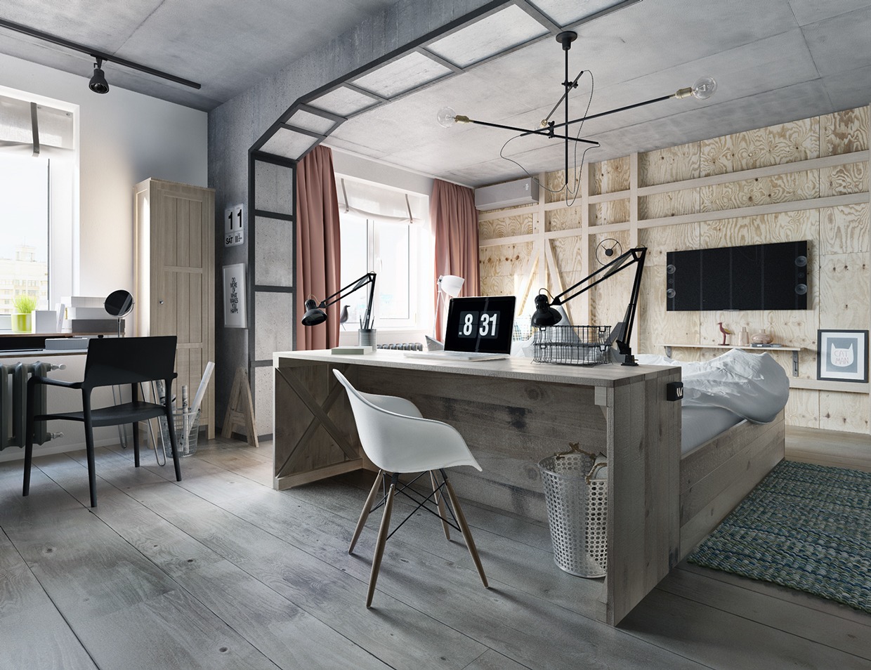 contemporary industrial wooden bedroom