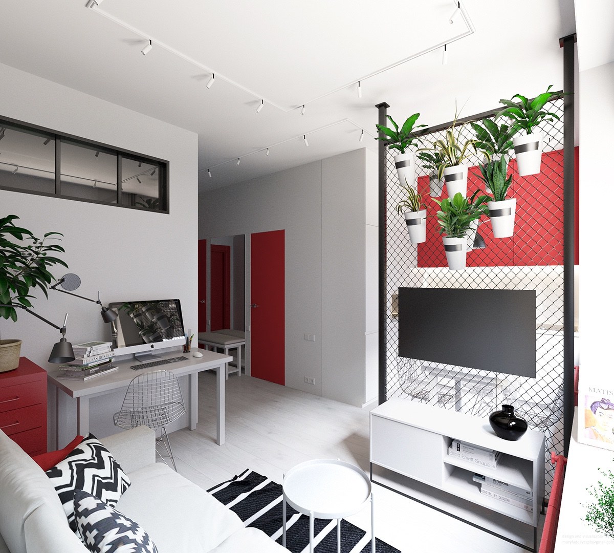 white and red apartment decor