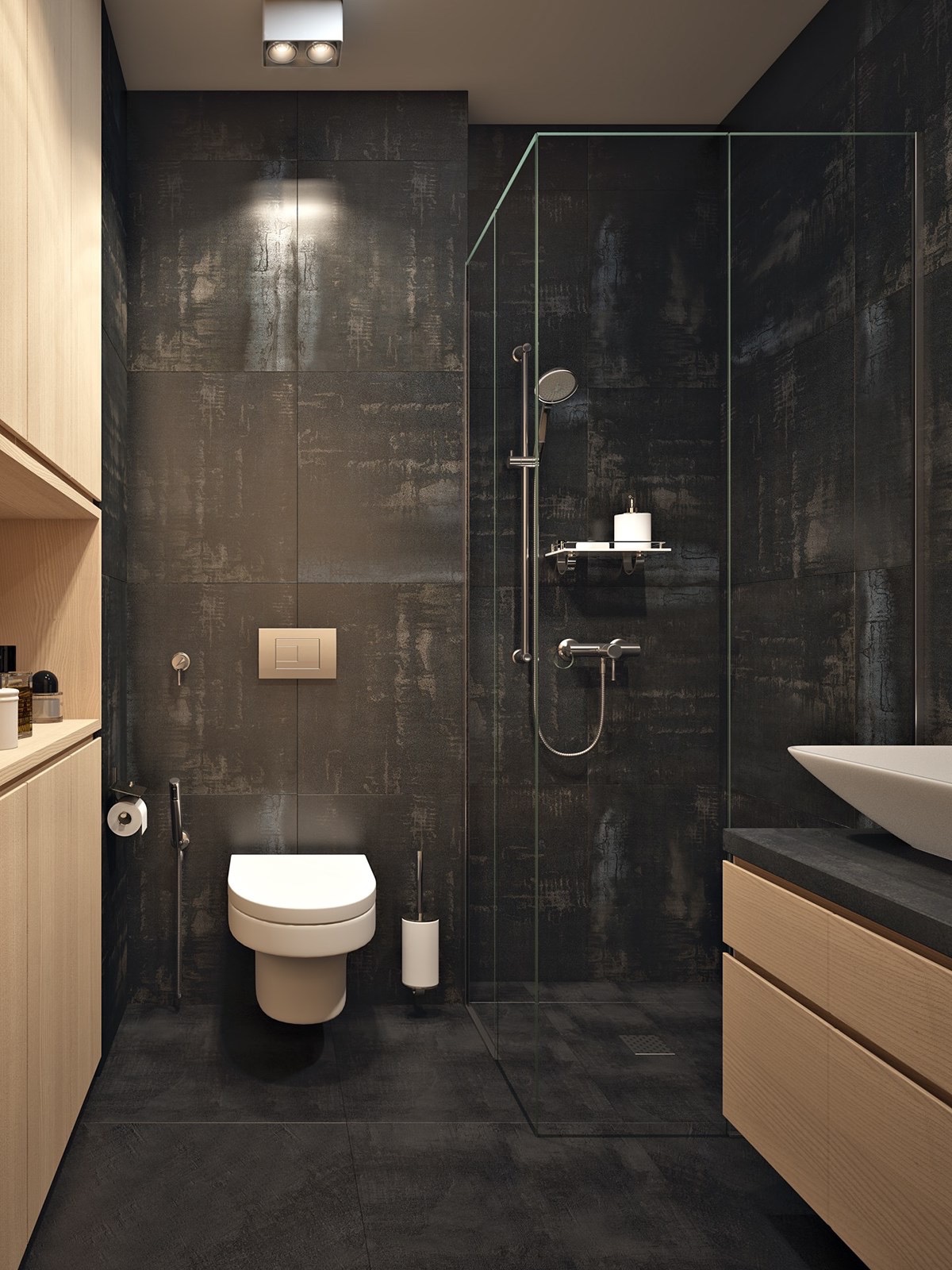 black and wooden bathroom