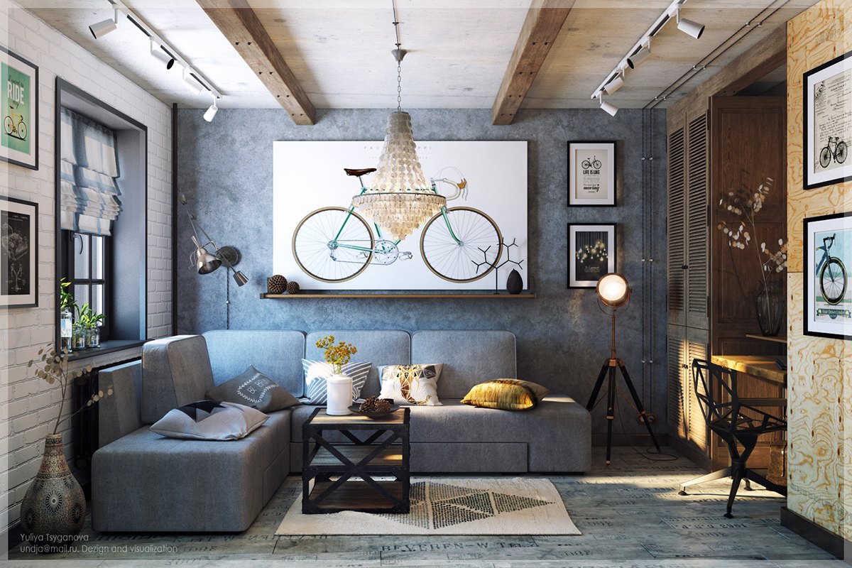 Eclectic-Hispter-Living-Room-Bike-Art