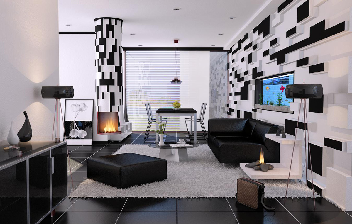 black-and-white-living-room-interior-designs-geometric-black-and-white-wblack-ottoman-glass-cabinet-modern-fireplace-large-window 