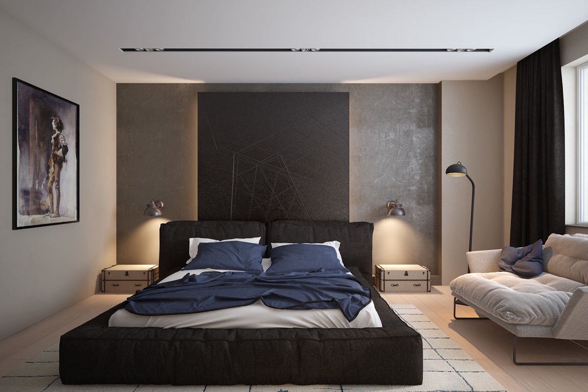 black-futon-bed-grey-walls-contemporary-bedroom