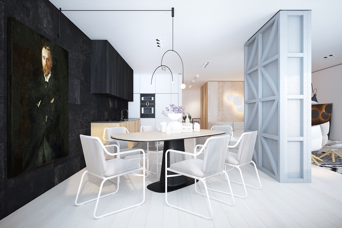 white-wood-floors-terraced-divider-monochrome-dining-room