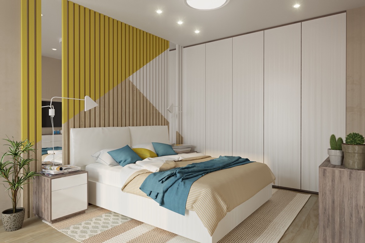 bedroom-accent-wall-colored-slats-triangle-pattern 