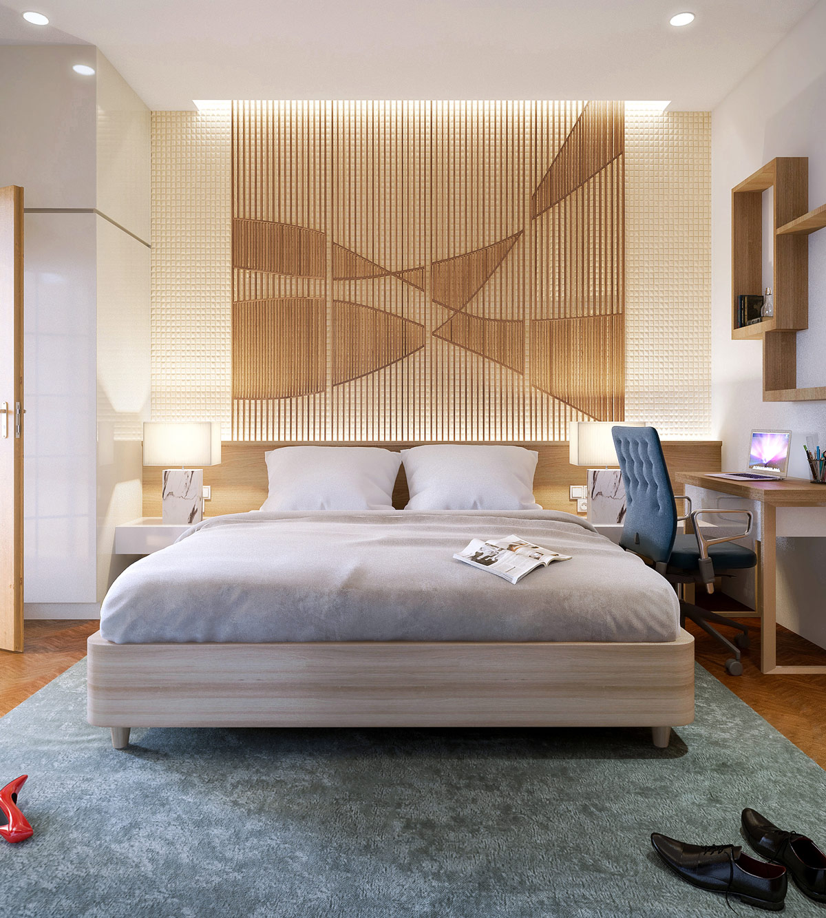 bedroom-accent-wall-slats-intertwined-pattern