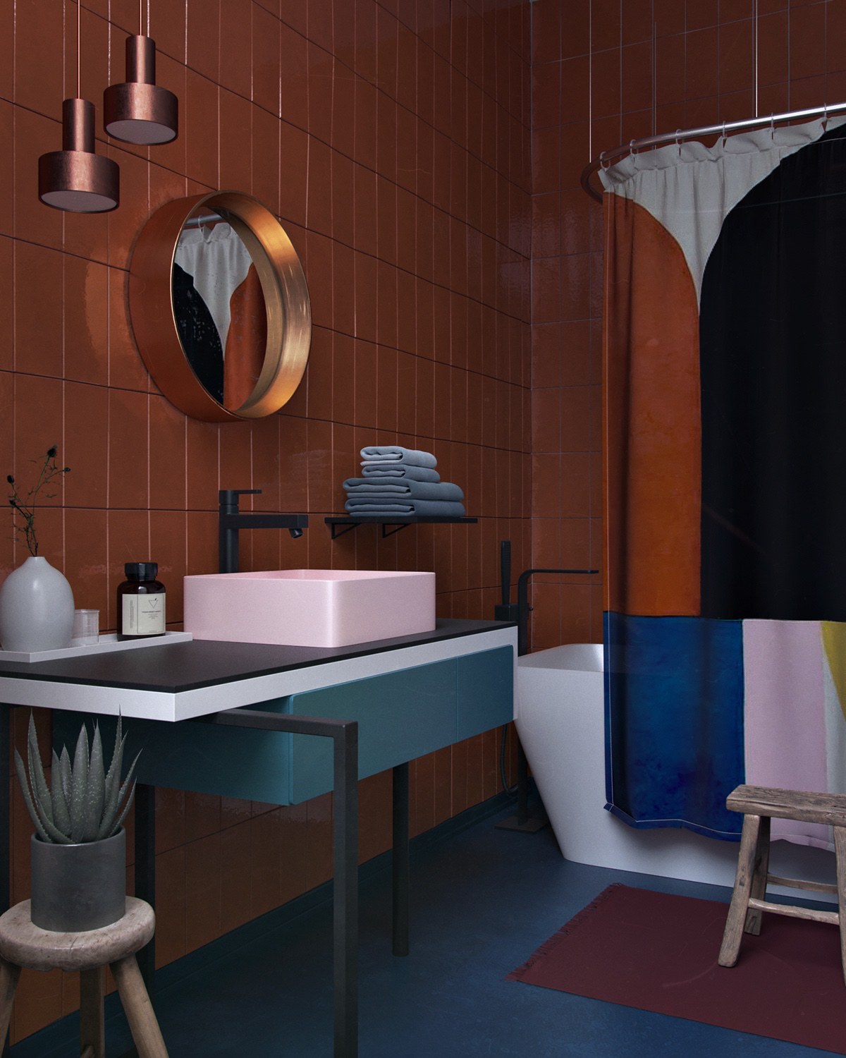 geometric-shower-curtain-towel-racj-colorful-bathroom