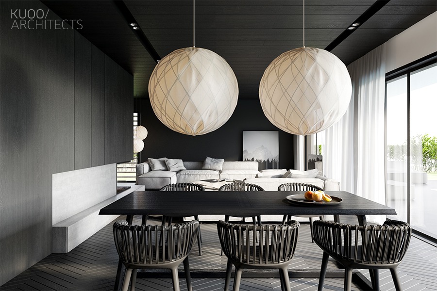 white-lantern-black-walls-monochrome-dining-room 