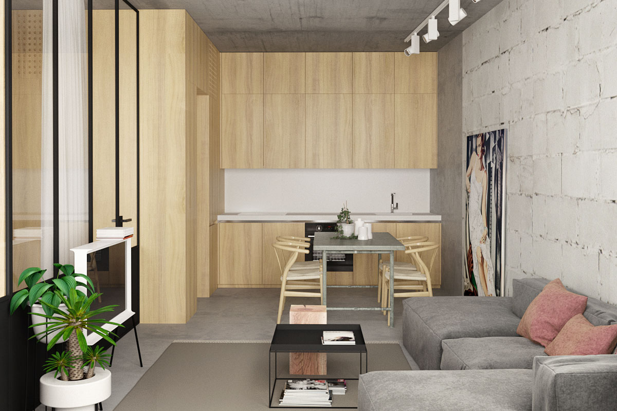 concrete-and-wood for open plan concept