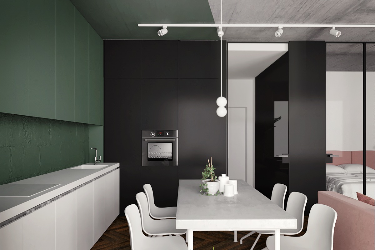 pink-green-white-and-black kitchen set design