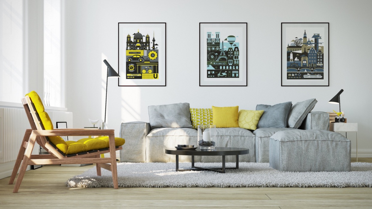 Modern White And Yellow Living Room