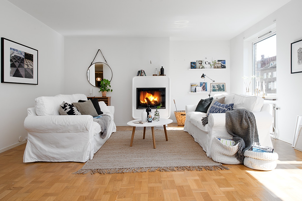 minimalist living room with fireplace