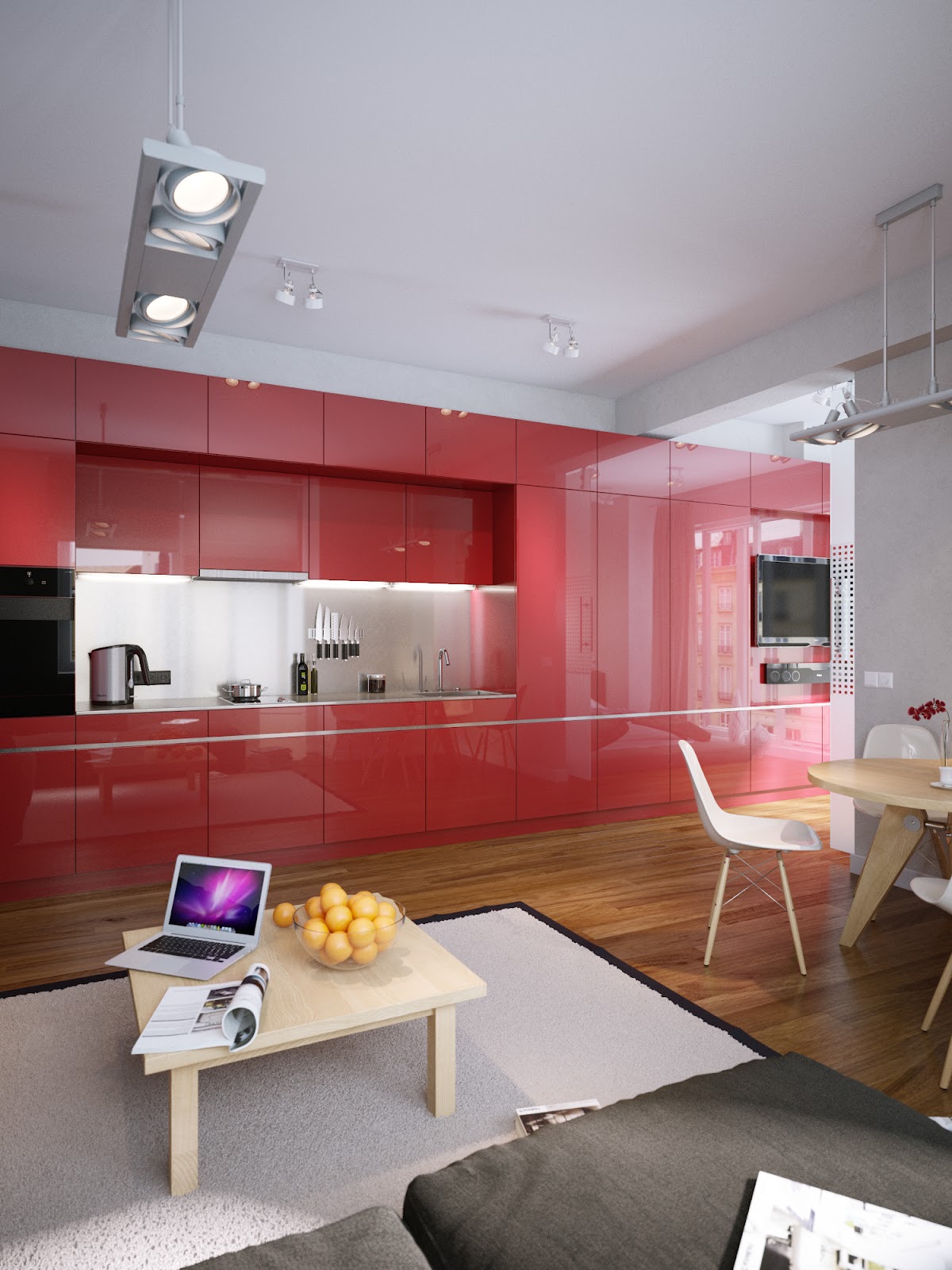 Modern apartment design With Beautiful Red Kitchen Set - RooHome