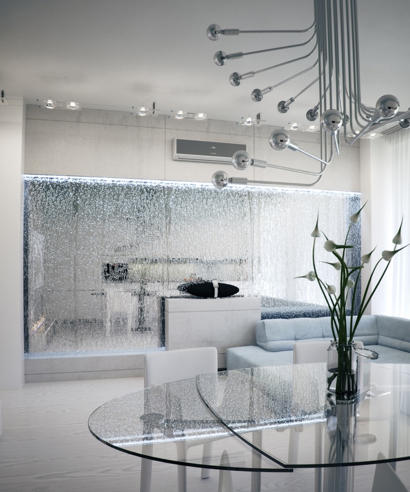 White apartment interior design with mirrored water feature