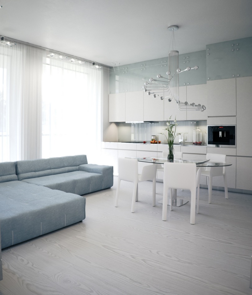 White apartment interior design with open plan concept