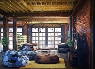 Loft living room design with modern industrial style