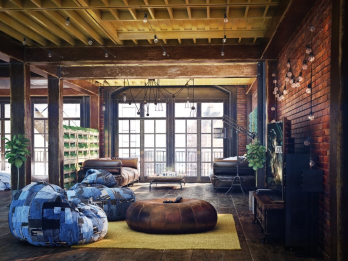 Loft living room design with modern industrial style