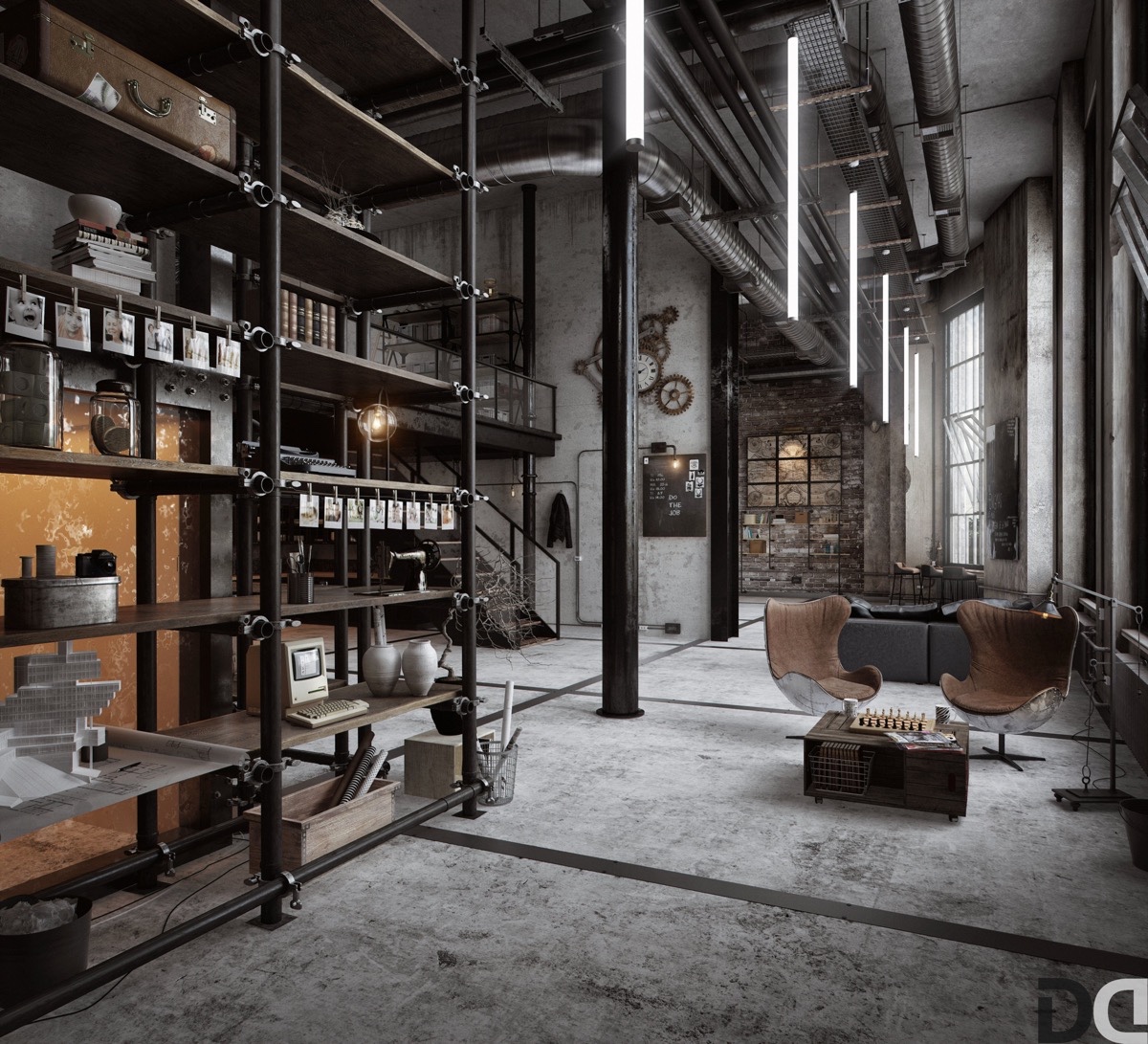 Dark industrial living room