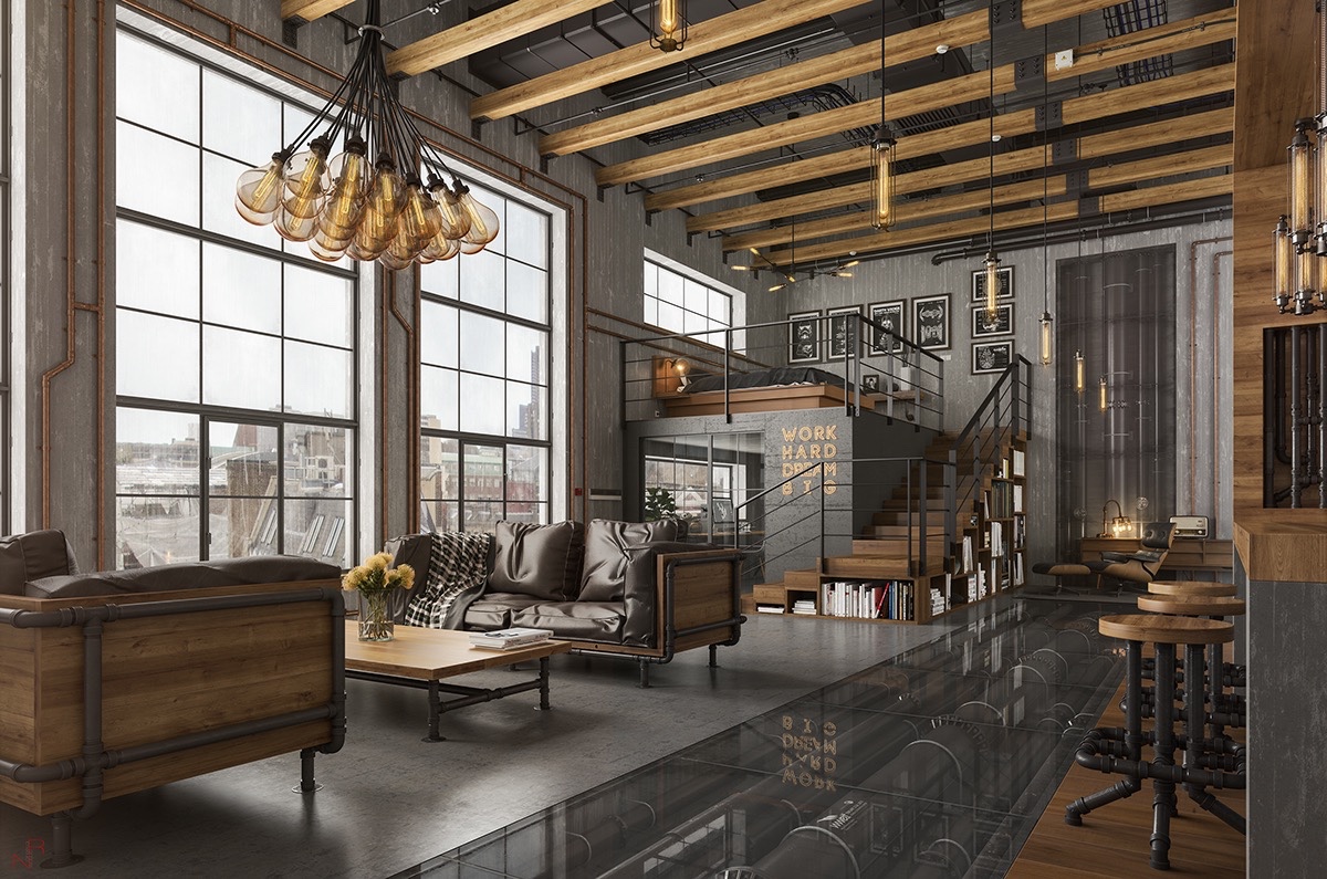 Loft Living Room Design With Modern Industrial Style RooHome