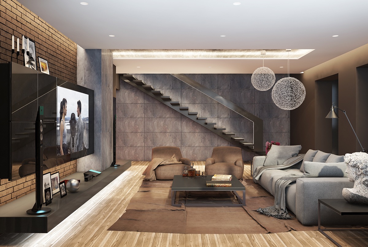 living room with dark brown color shades