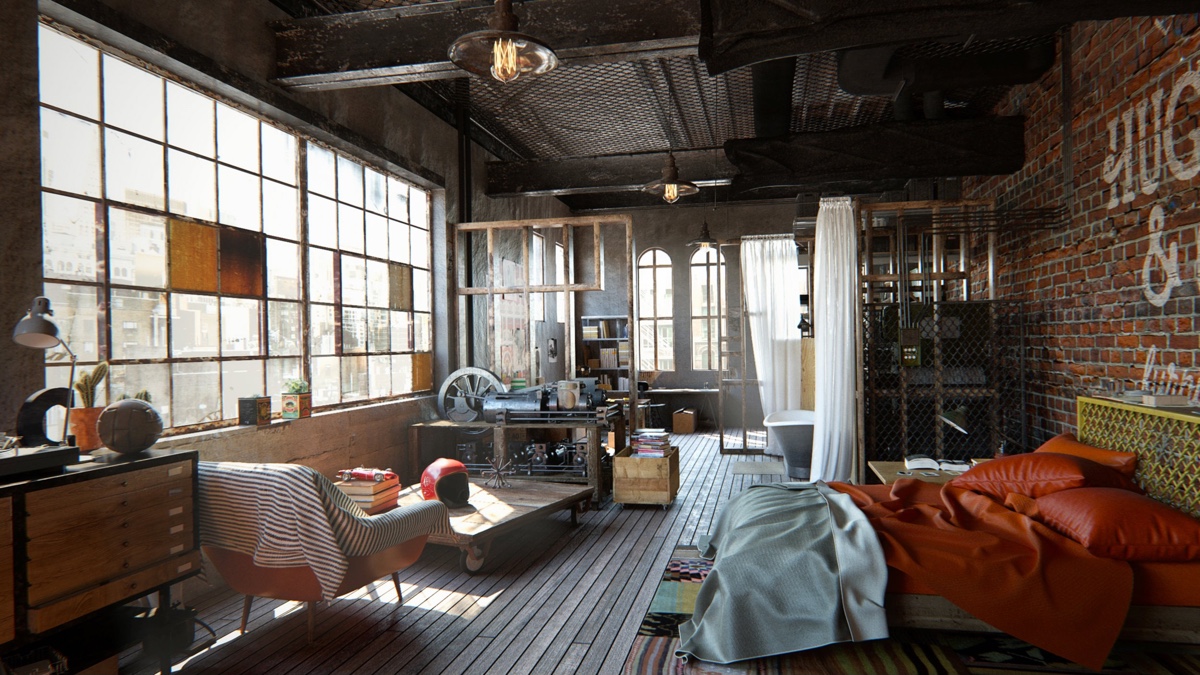 loft living room design with modern industrial style