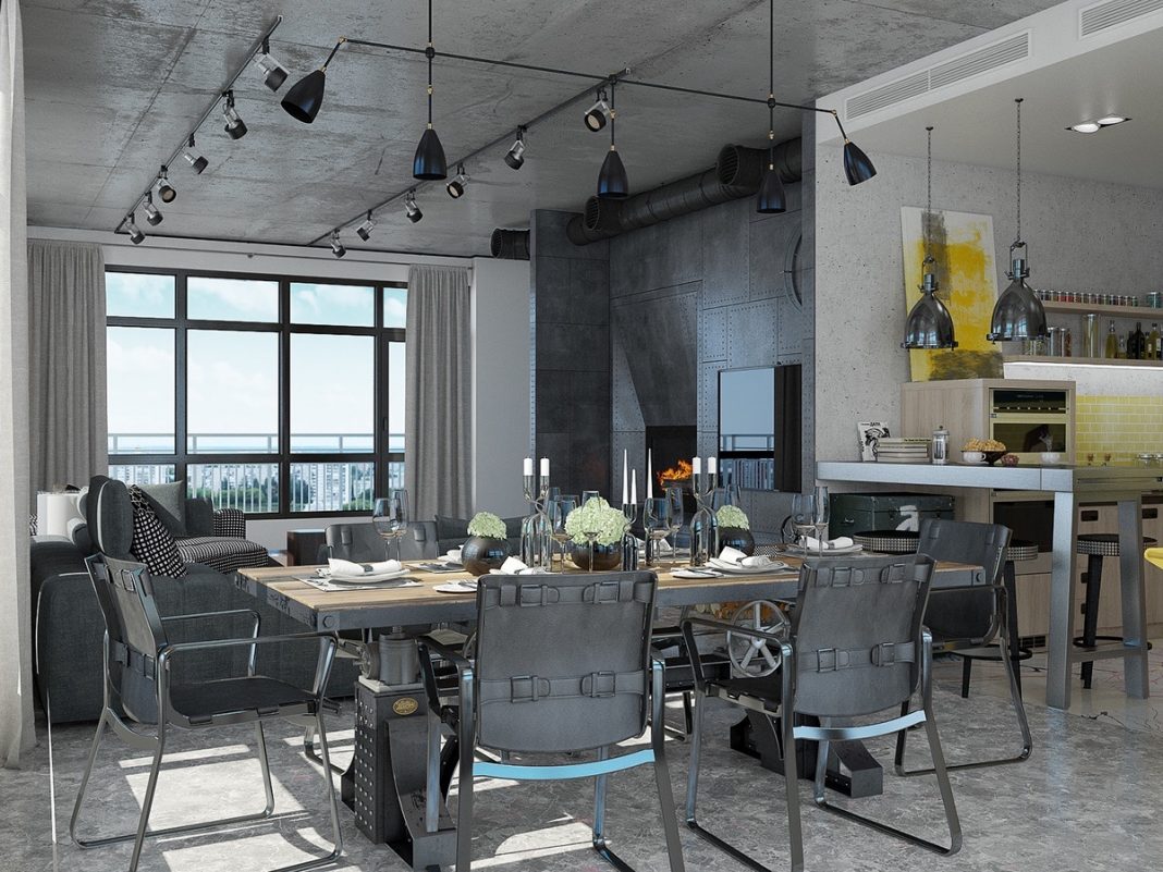 View of Industrial Loft Apartment Design Ideas With Elegant Dark Shades - RooHome