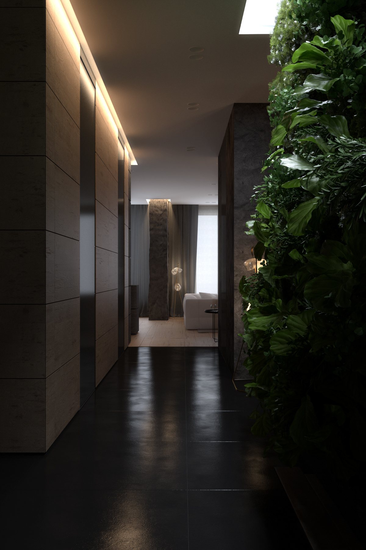 Hallway design with dark interior style