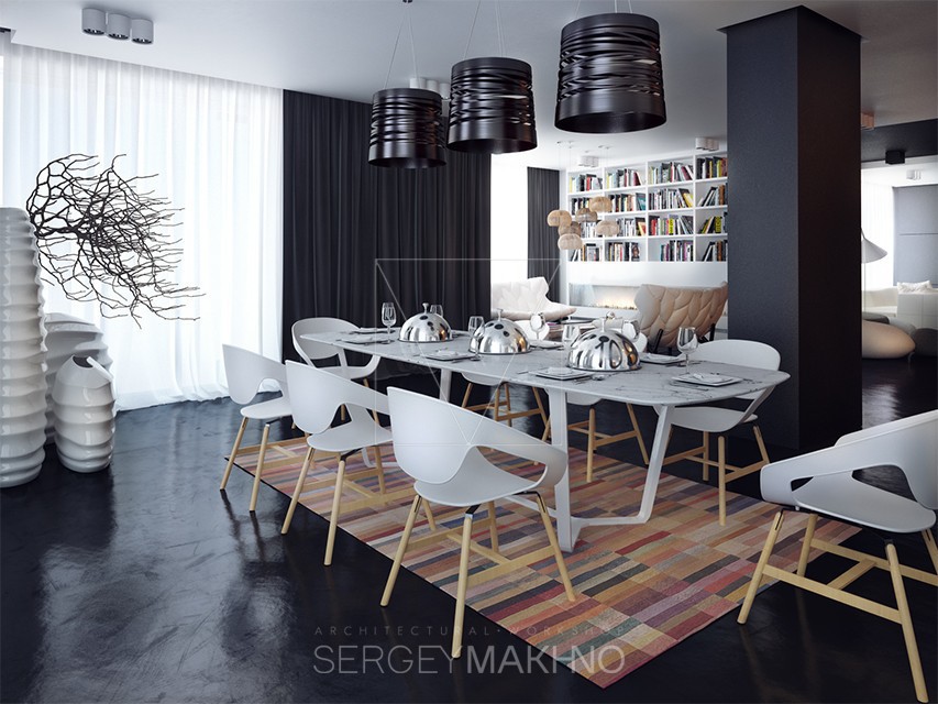 Dining room interior design with dark style