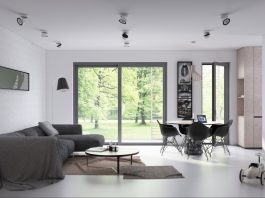 Open plan living and dining room design with sleek iinterior