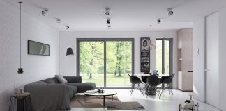 Open plan living and dining room design with sleek iinterior