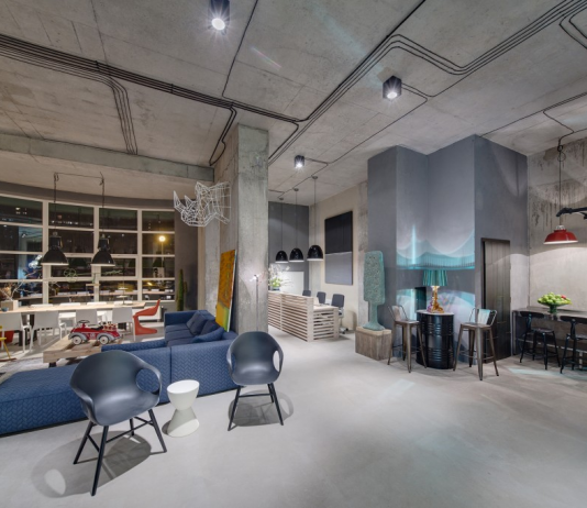 Industrial living room and creative home office design