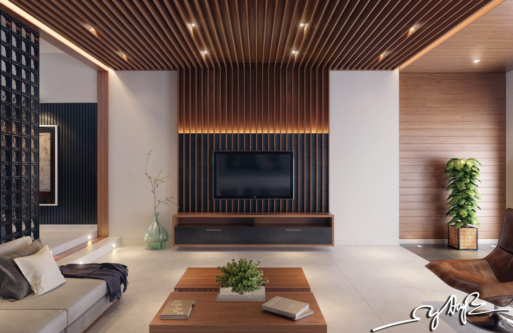 living room wood panels