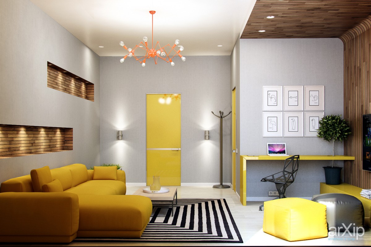 living room with yellow accents