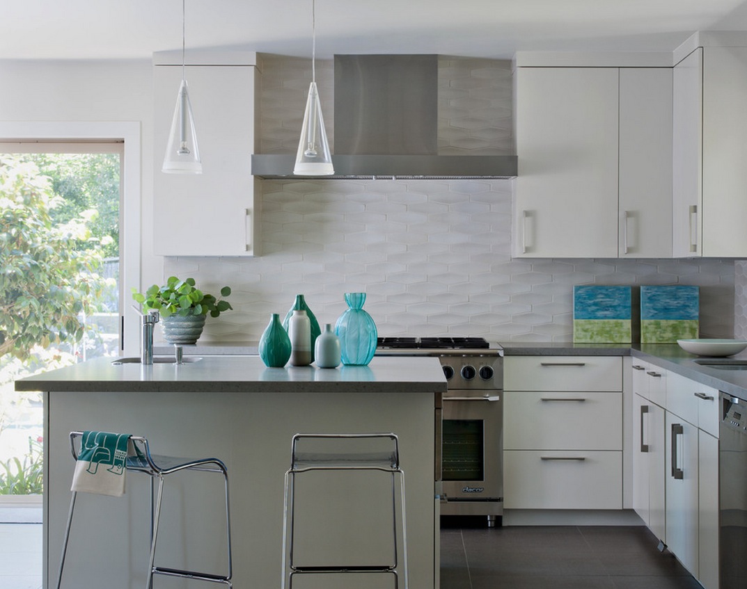 white texture tile backsplash