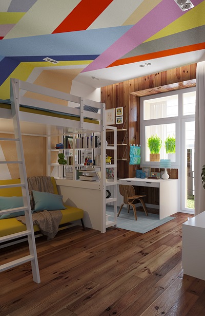 Colorful bunk bed with playful design and bookcase stairs