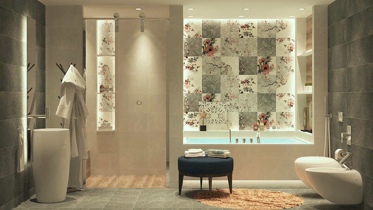 luxury bathroom with floral backsplash