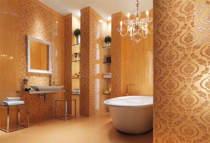 Cream wallpaper look bathroom tiles 