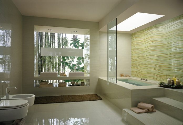 Cream wave bathroom tile bathtub