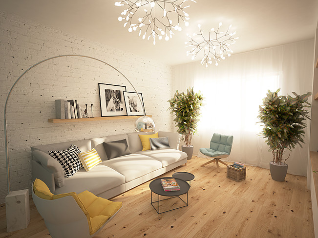 contemporary brick wall living room