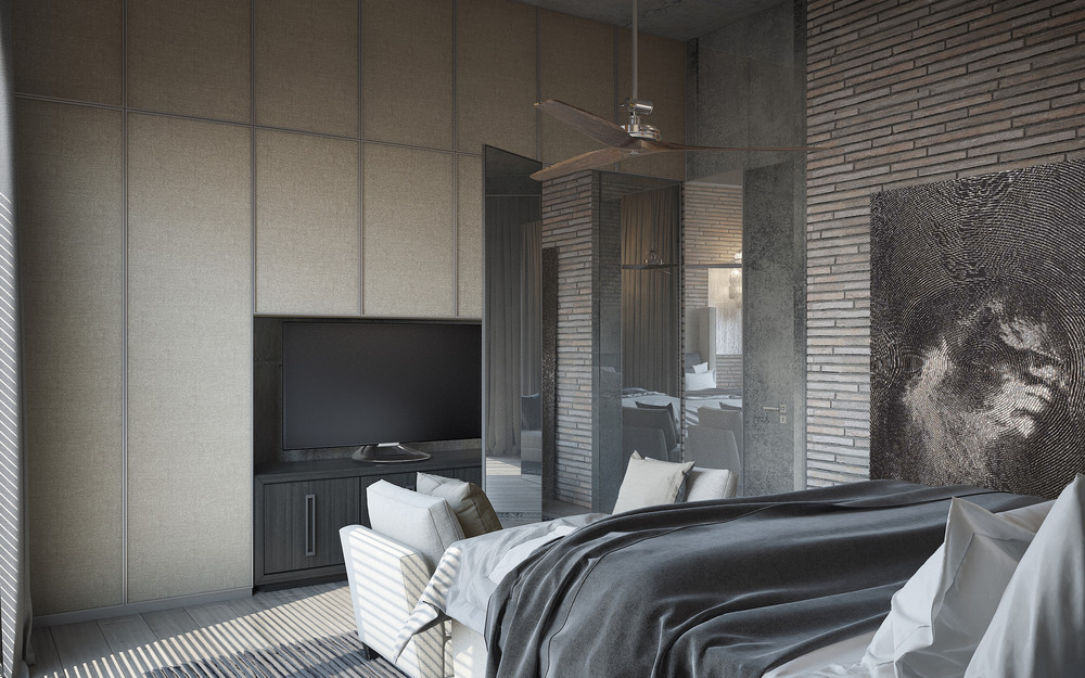 gray concrete bedroom wall design