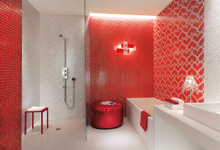 Red white heart mosaic bathroom